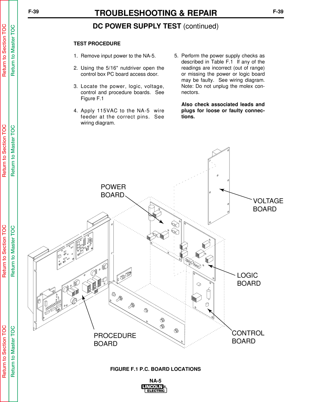 Lincoln Electric NA-5S DC Power Supply Test, Test Procedure, Also check associated leads, Plugs for loose or faulty connec 