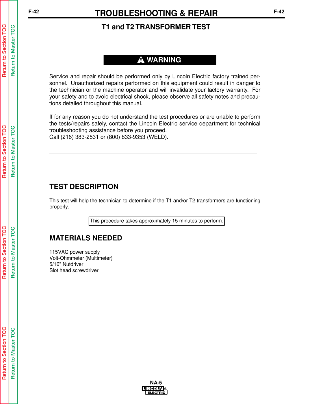 Lincoln Electric NA-5SF, NA-5NF service manual T1 and T2 Transformer Test, Test Description 