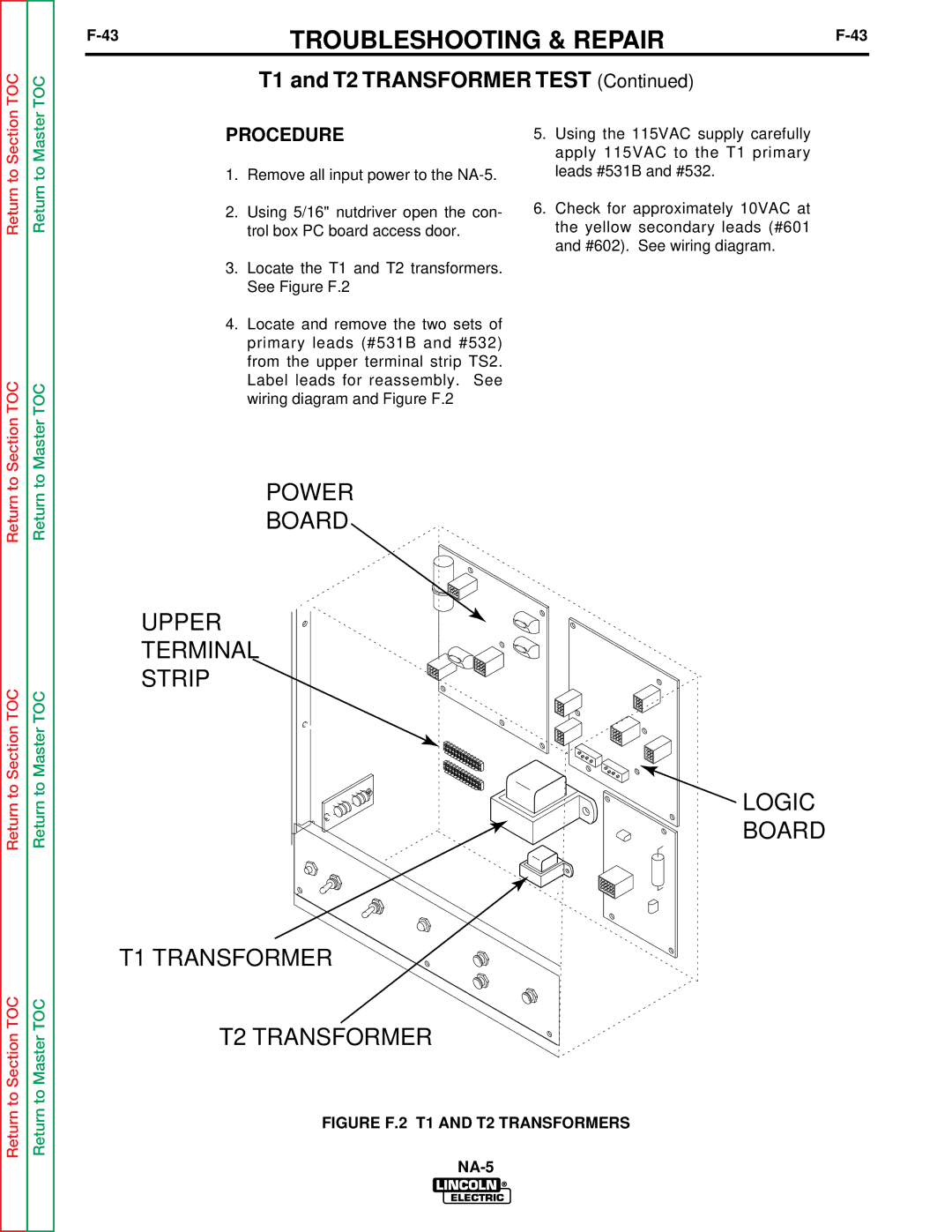 Lincoln Electric NA-5NF, NA-5SF service manual Procedure, Figure F.2 T1 and T2 Transformers 