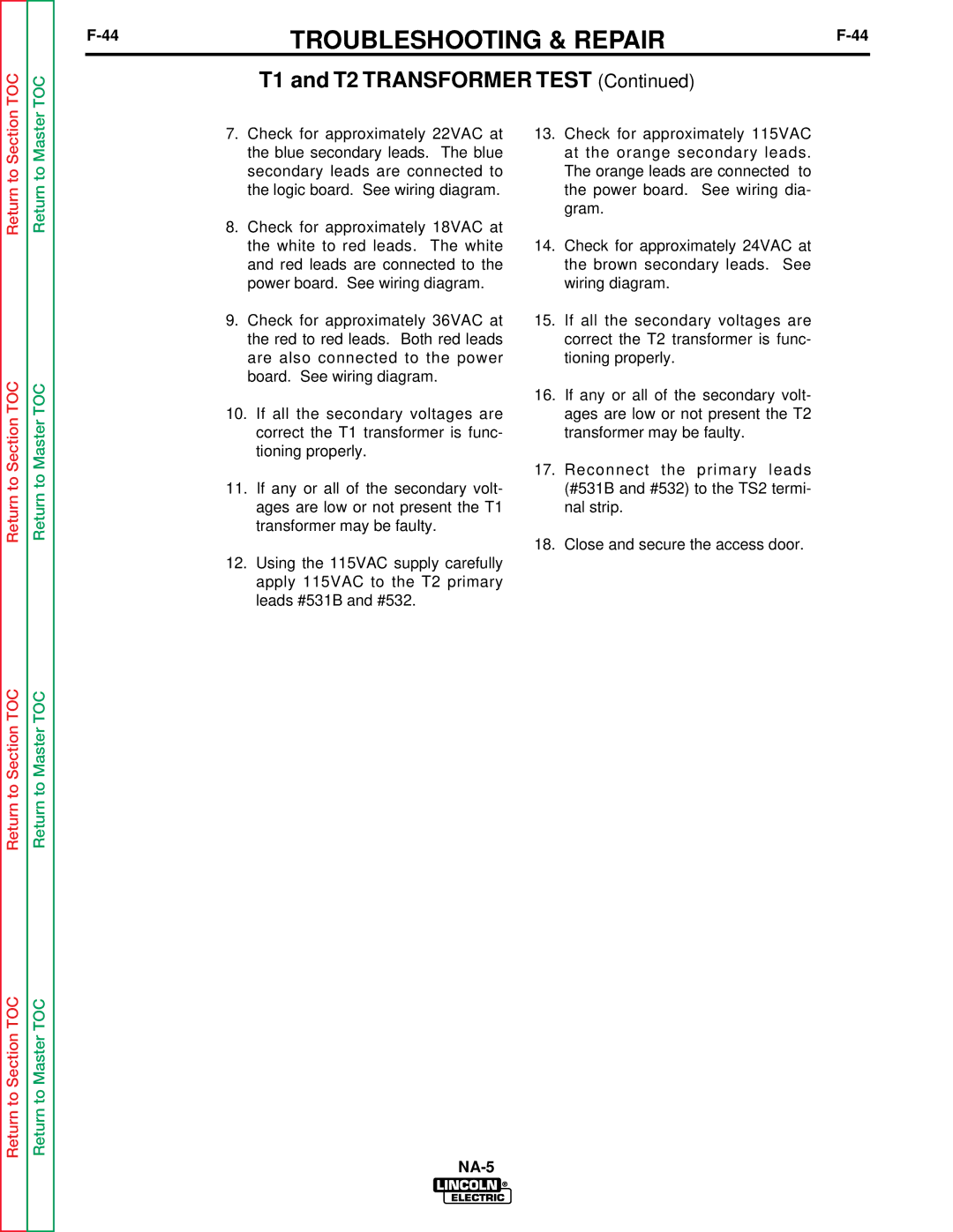 Lincoln Electric NA-5NF, NA-5SF service manual Return to Section Return to Section TOC 