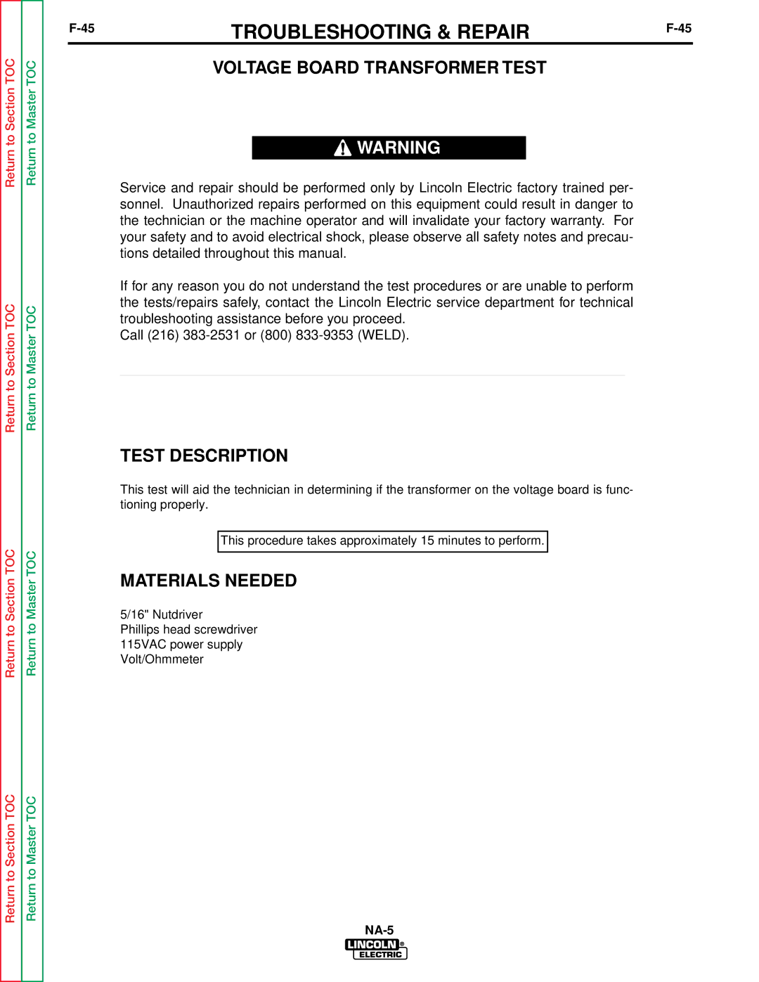 Lincoln Electric NA-5NF, NA-5SF service manual Voltage Board Transformer Test, Test Description 