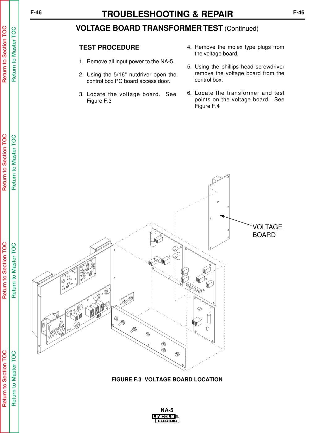 Lincoln Electric NA-5SF, NA-5NF service manual Voltage Board Transformer Test, Test Procedure 