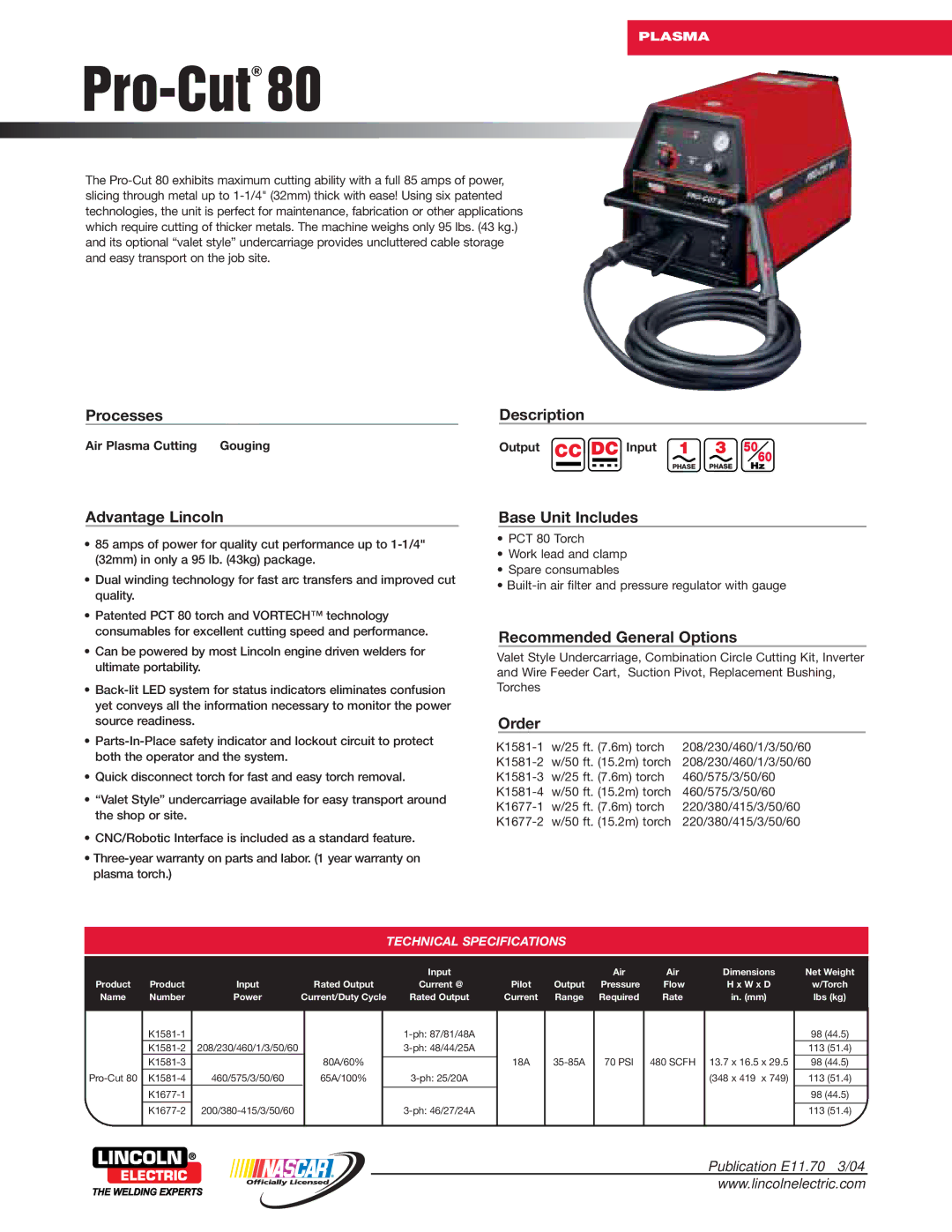 Lincoln Electric PCT 80 warranty Pro-Cut80, Technical Specifications 