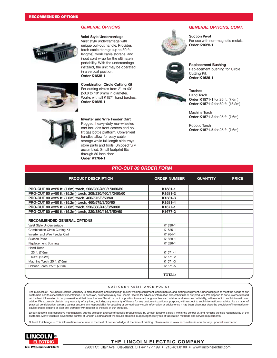 Lincoln Electric PCT 80 warranty General Options, General OPTIONS 