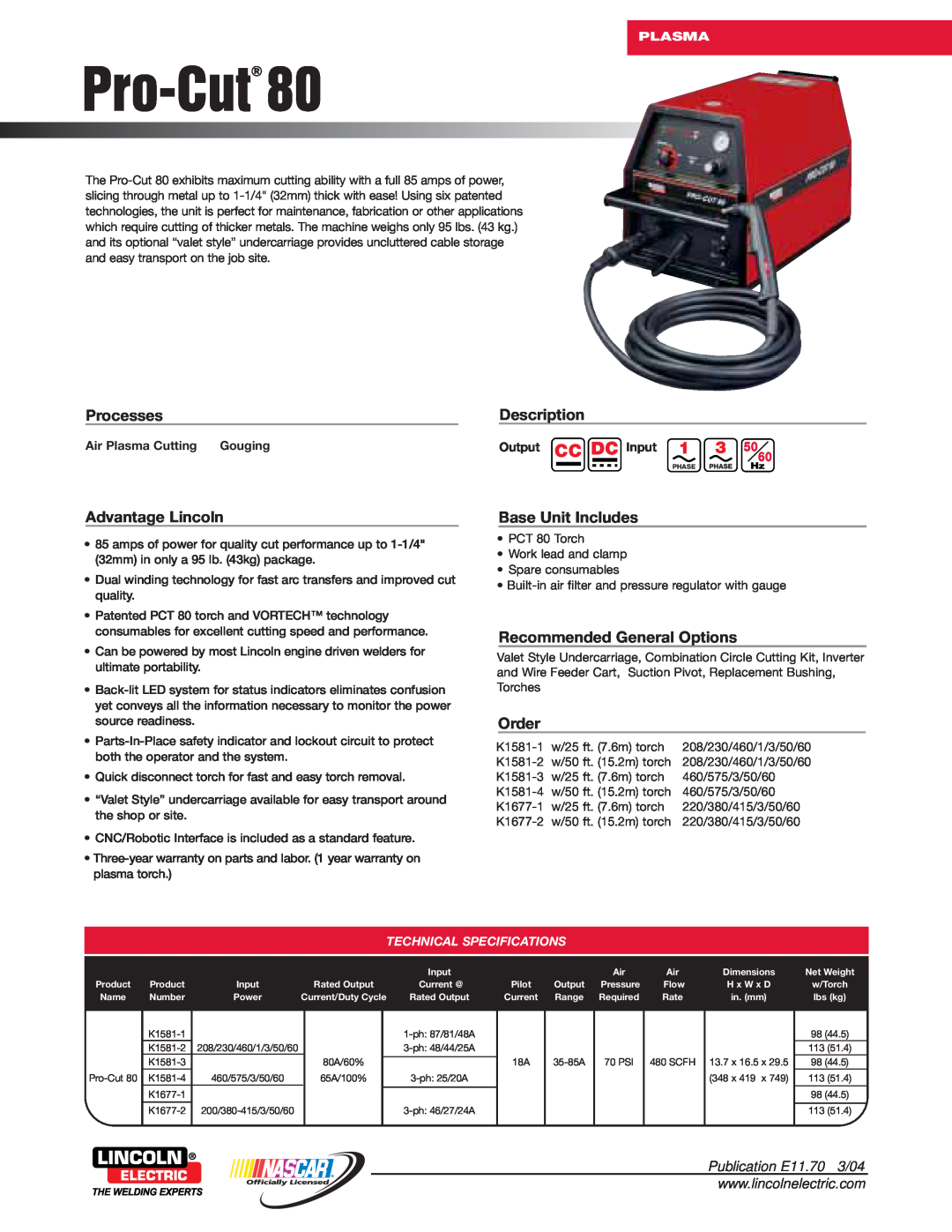 Lincoln Electric PCT 80 warranty Processes, Advantage Lincoln, Description, Base Unit Includes, Order, Plasma, Pro-Cut 