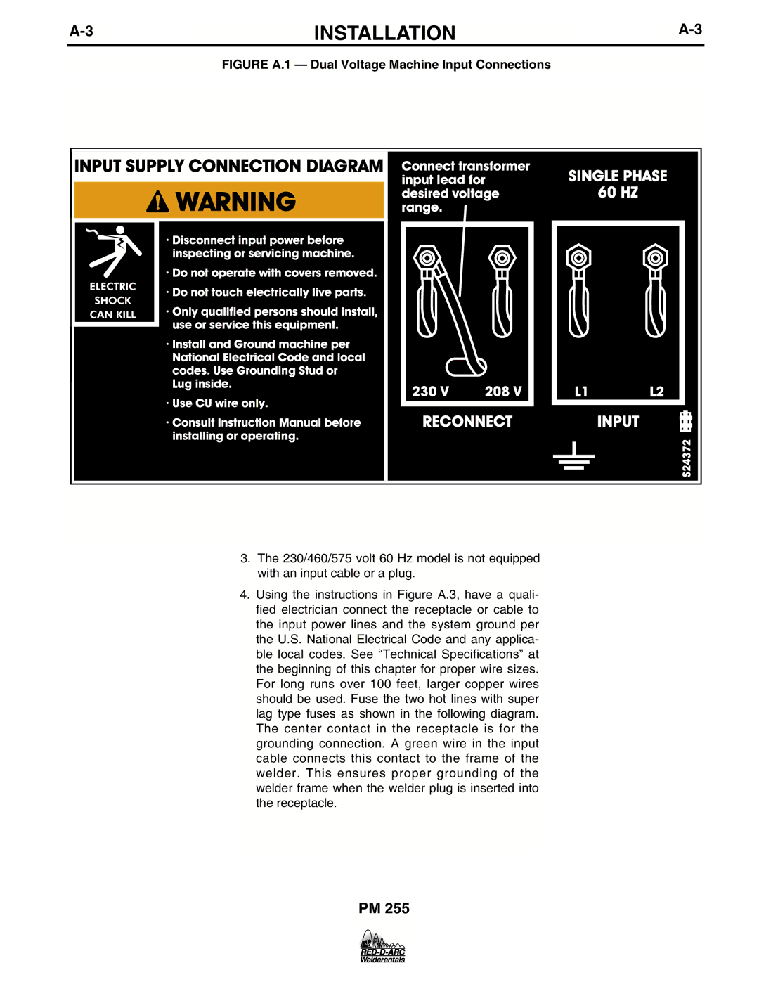 Lincoln Electric PM 255 specifications Figure A.1 Dual Voltage Machine Input Connections 