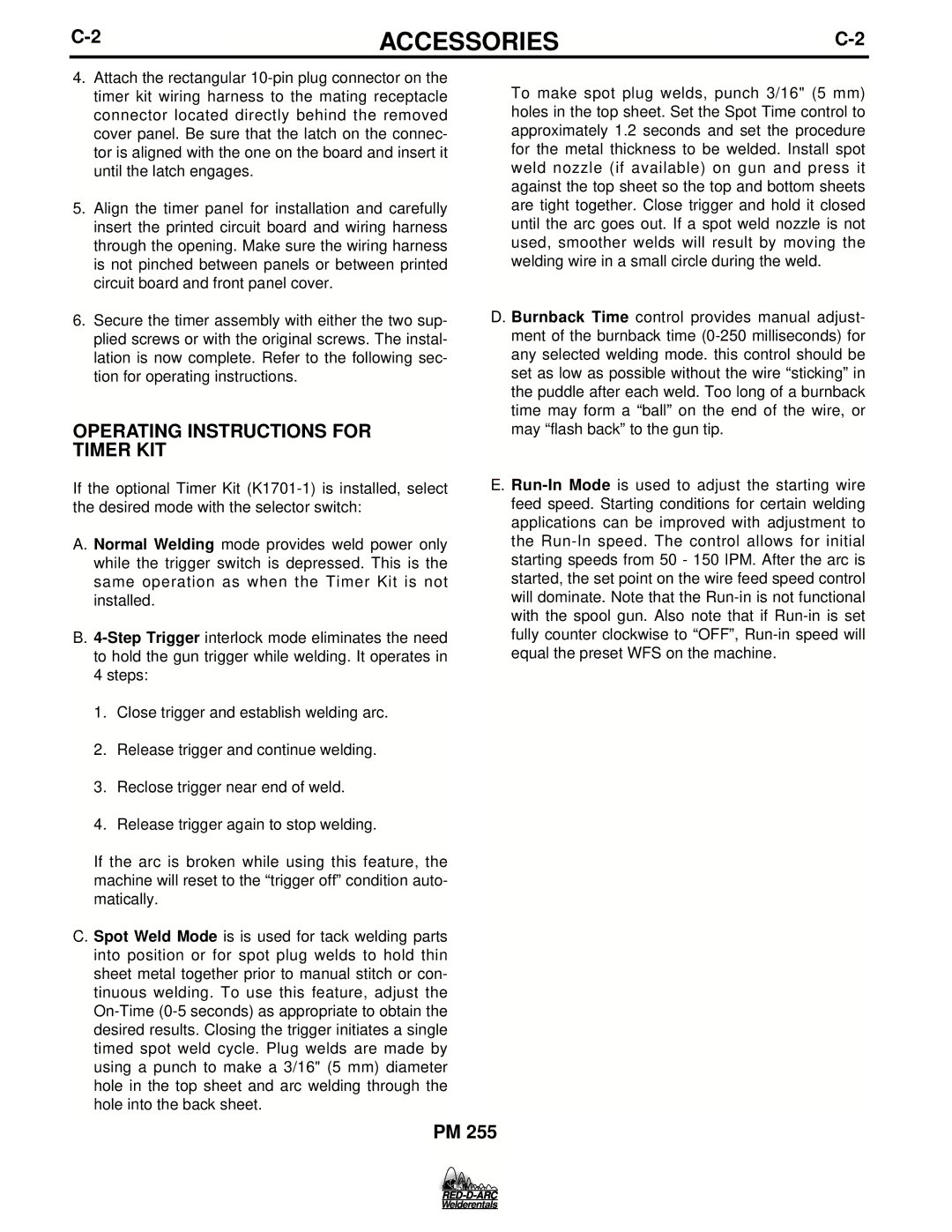 Lincoln Electric PM 255 specifications Operating Instructions for Timer KIT 