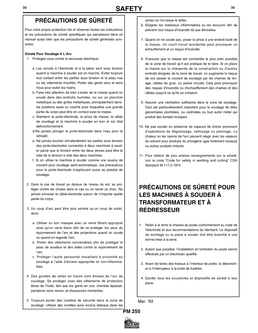 Lincoln Electric PM 255 specifications Précautions DE Sûreté, Sûreté Pour Soudage a L’Arc 