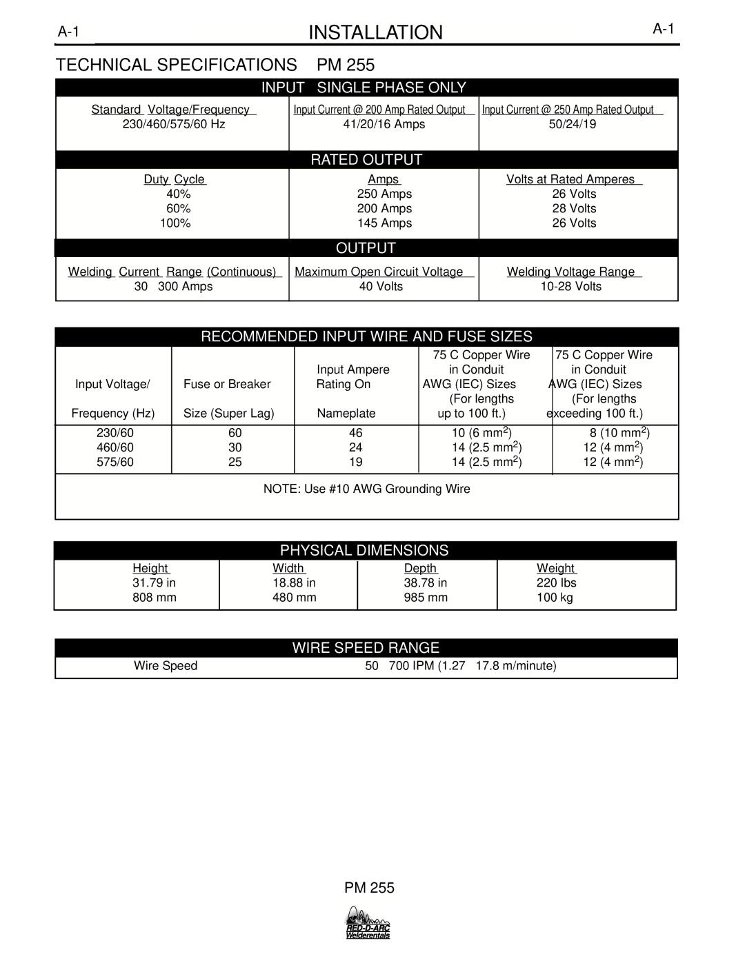 Lincoln Electric PM 255 specifications Installation, Technical Specifications PM 