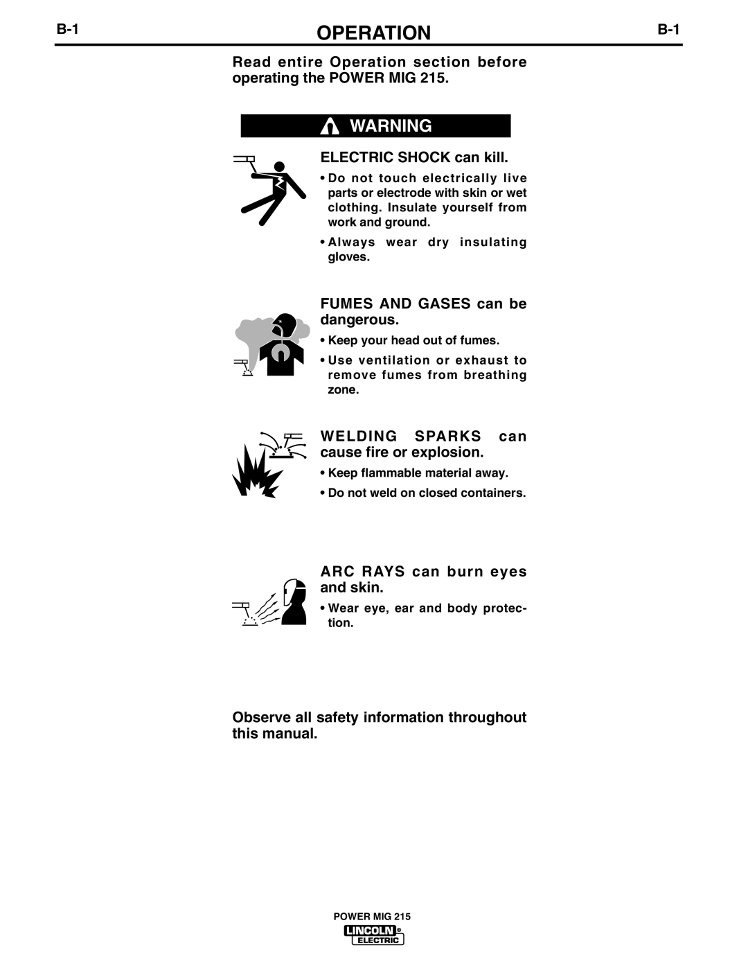 Lincoln Electric pmn manual Operation, Wear eye, ear and body protec- tion 