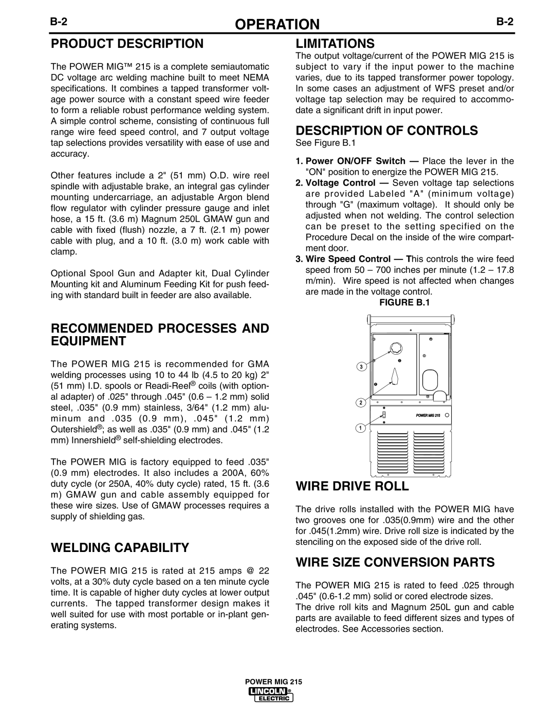 Lincoln Electric pmn manual Product Description, Limitations, Description of Controls, Recommended Processes and Equipment 