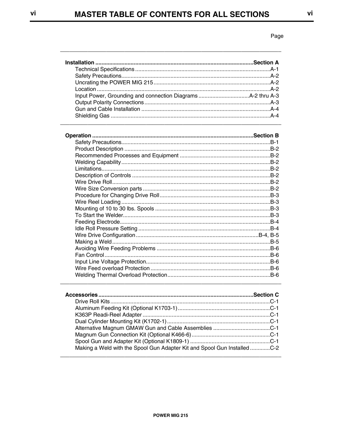 Lincoln Electric pmn manual Master Table of Contents for ALL Sections 