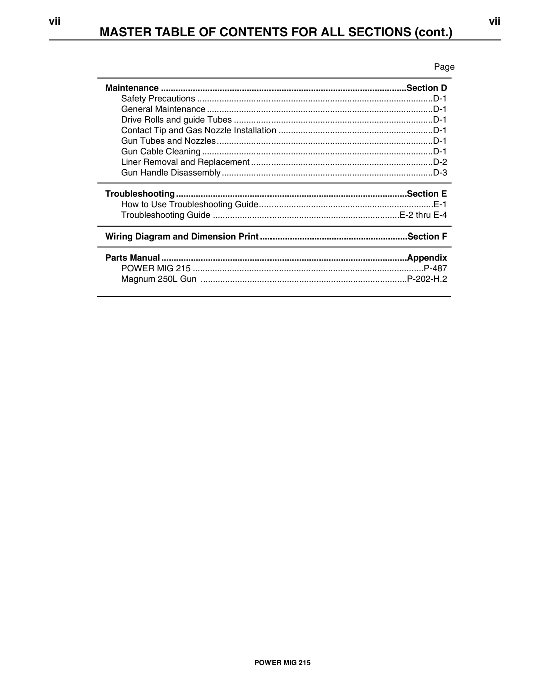 Lincoln Electric pmn manual Master Table of Contents for ALL Sections 