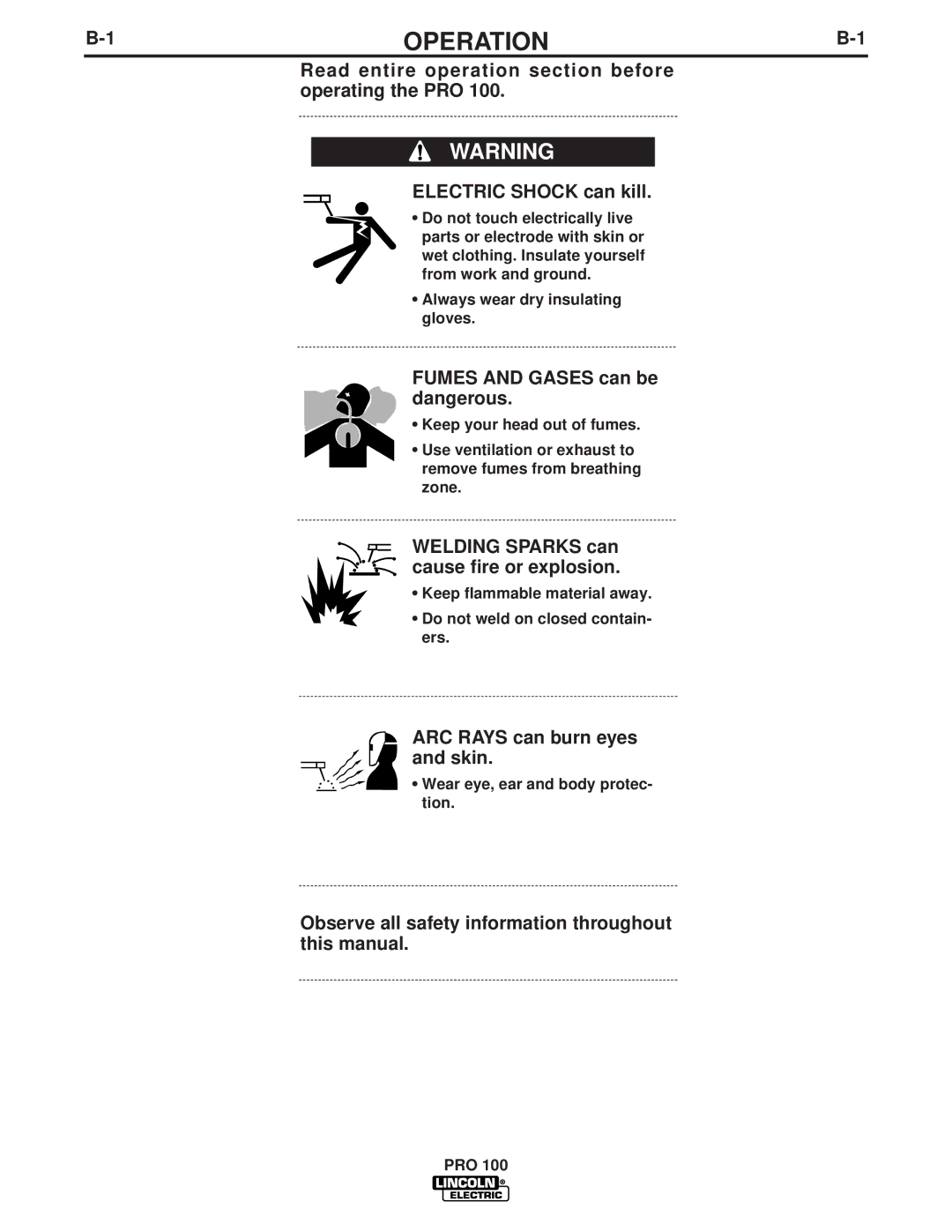 Lincoln Electric PRO 100 manual 1OPERATIONB-1, Fumes and Gases can be dangerous, Welding Sparks can cause fire or explosion 
