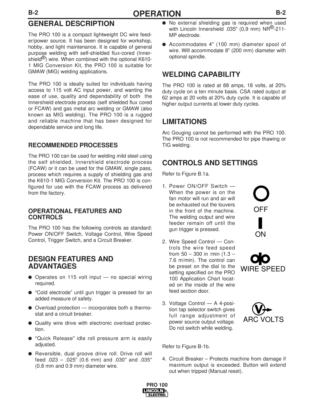 Lincoln Electric PRO 100 manual Operation 