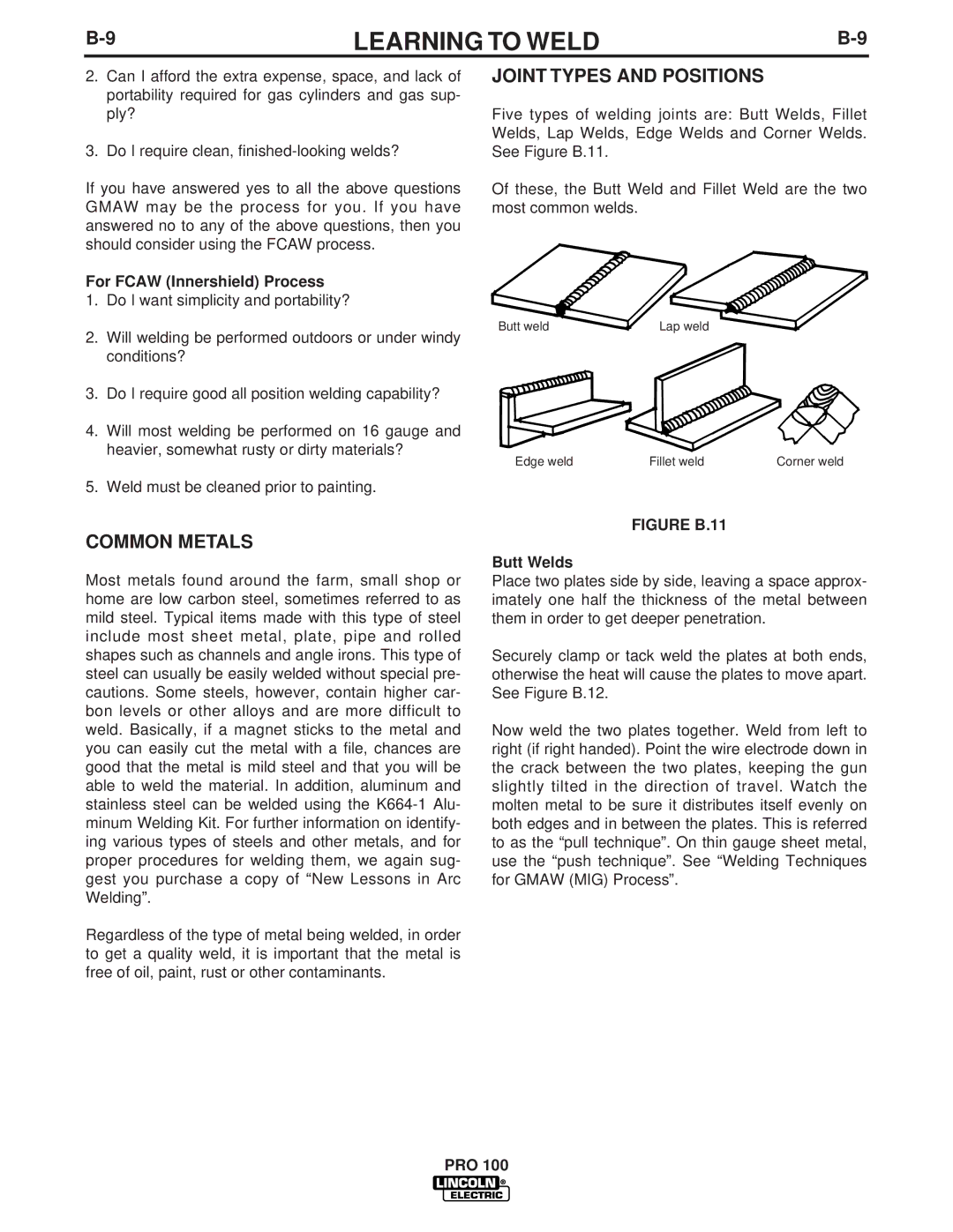 Lincoln Electric PRO 100 manual Common Metals, Joint Types and Positions, For Fcaw Innershield Process, Butt Welds 