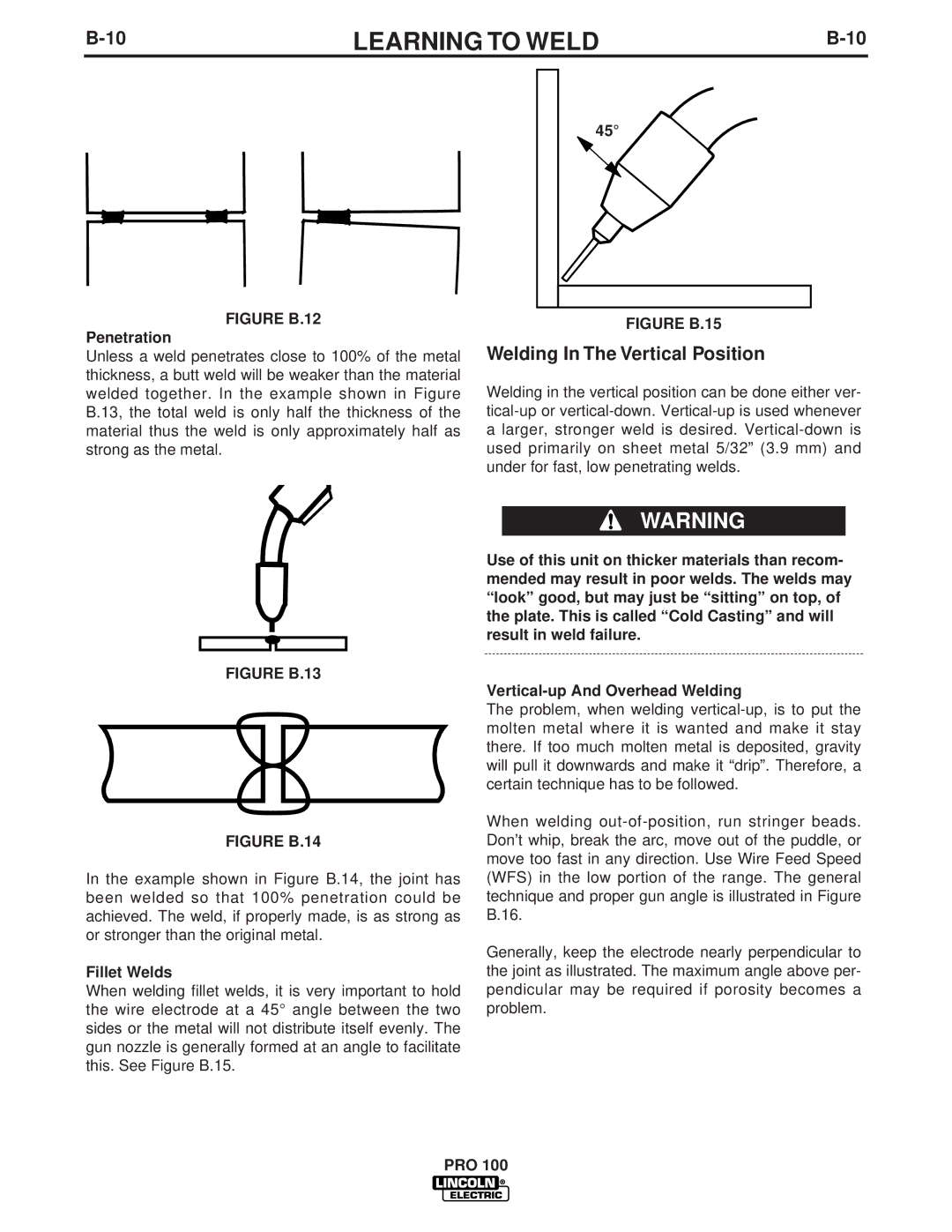 Lincoln Electric PRO 100 manual Welding In The Vertical Position, Penetration, Fillet Welds 