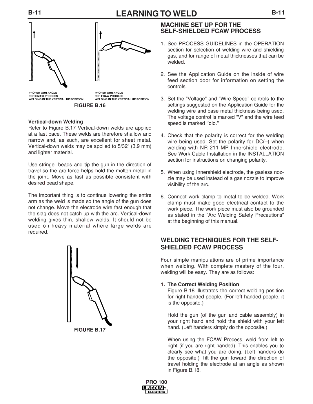 Lincoln Electric PRO 100 manual Machine SET UP for the SELF-SHIELDED Fcaw Process, Vertical-down Welding 