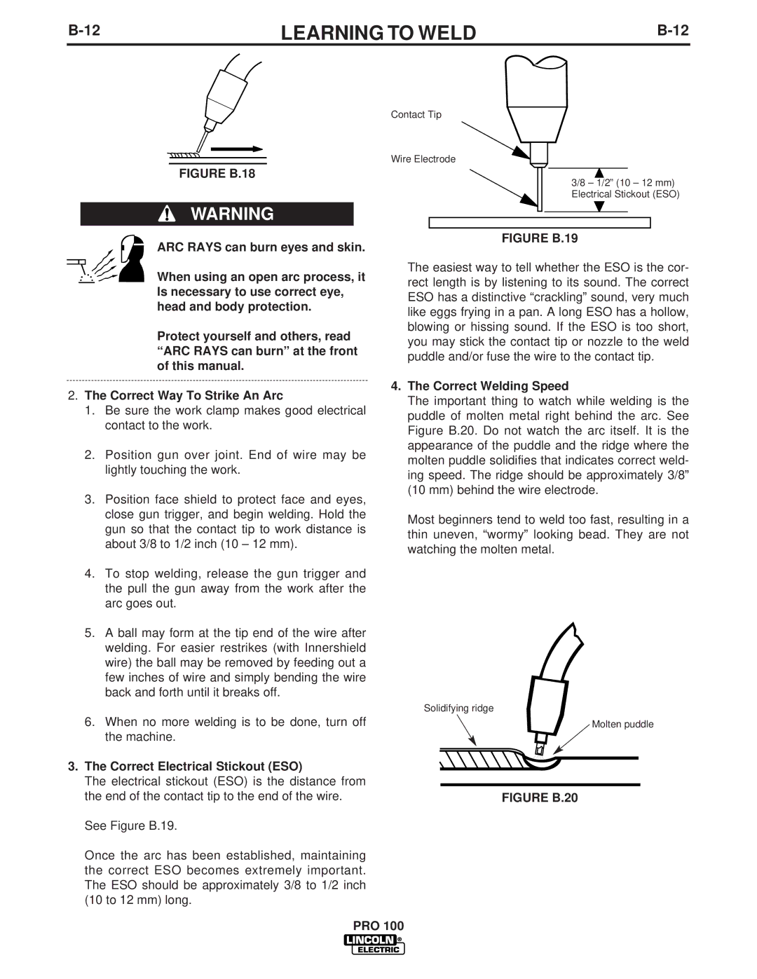 Lincoln Electric PRO 100 manual Correct Electrical Stickout ESO, Correct Welding Speed 