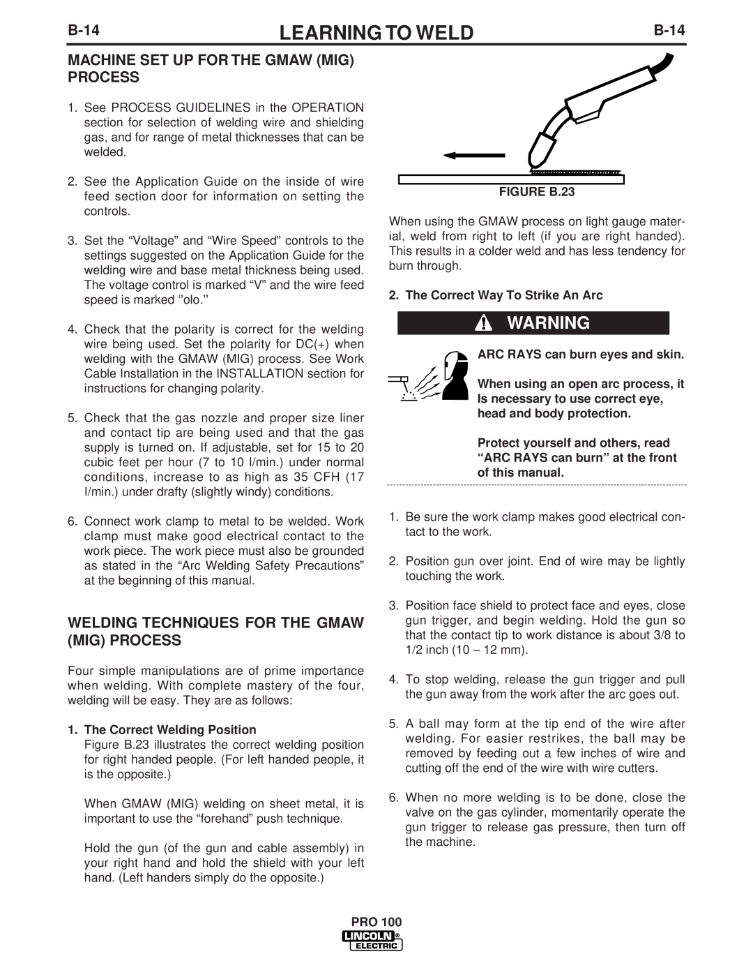 Lincoln Electric PRO 100 manual Machine SET UP for the Gmaw MIG Process, Welding Techniques for the Gmaw MIG Process 