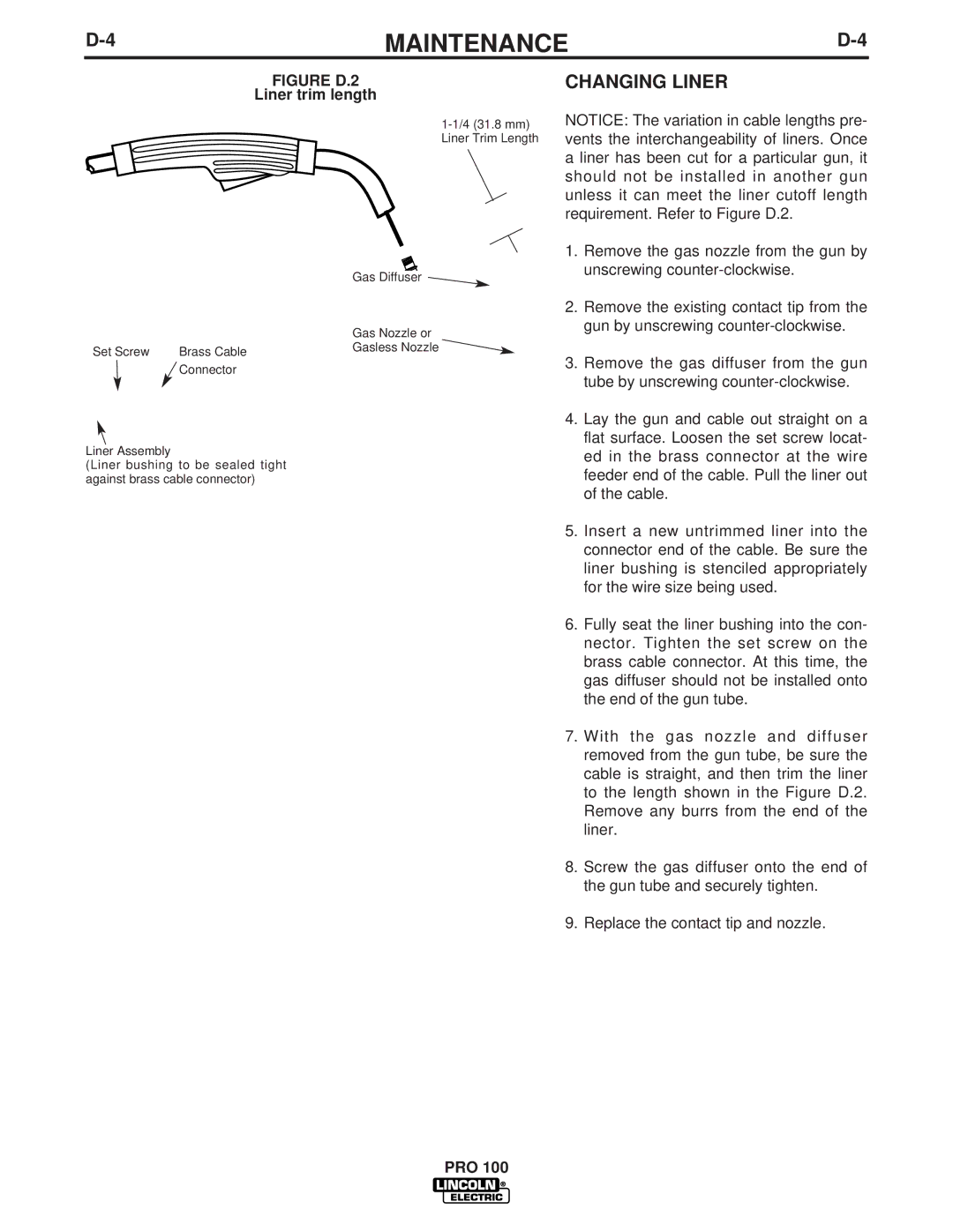 Lincoln Electric PRO 100 manual Changing Liner, Liner trim length 