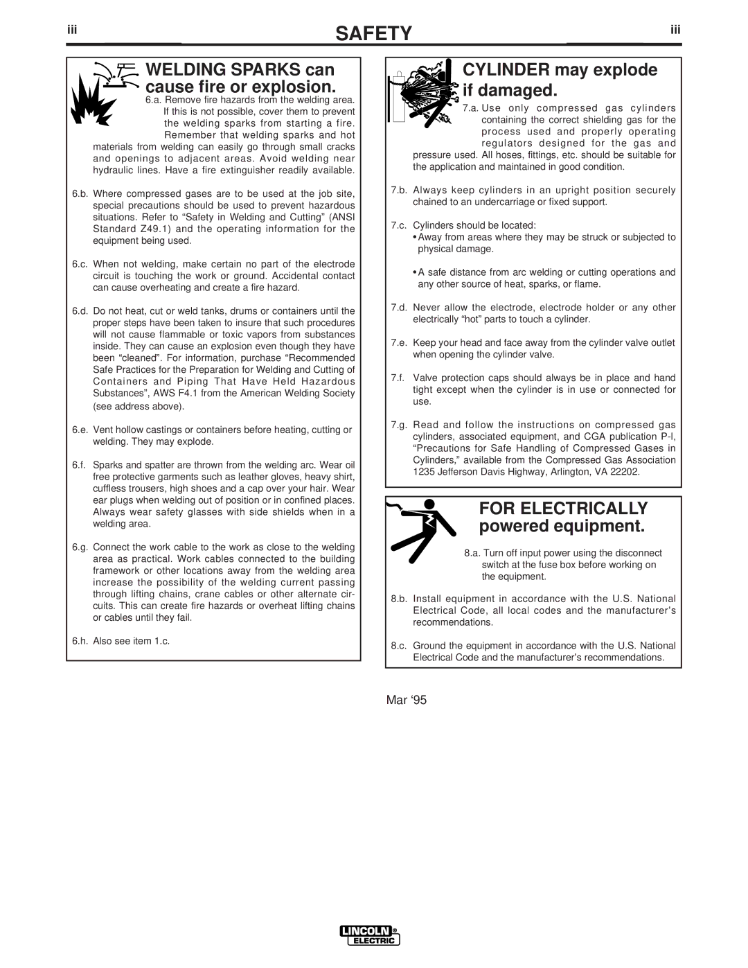 Lincoln Electric PRO 100 manual Welding Sparks can cause fire or explosion, Iii 