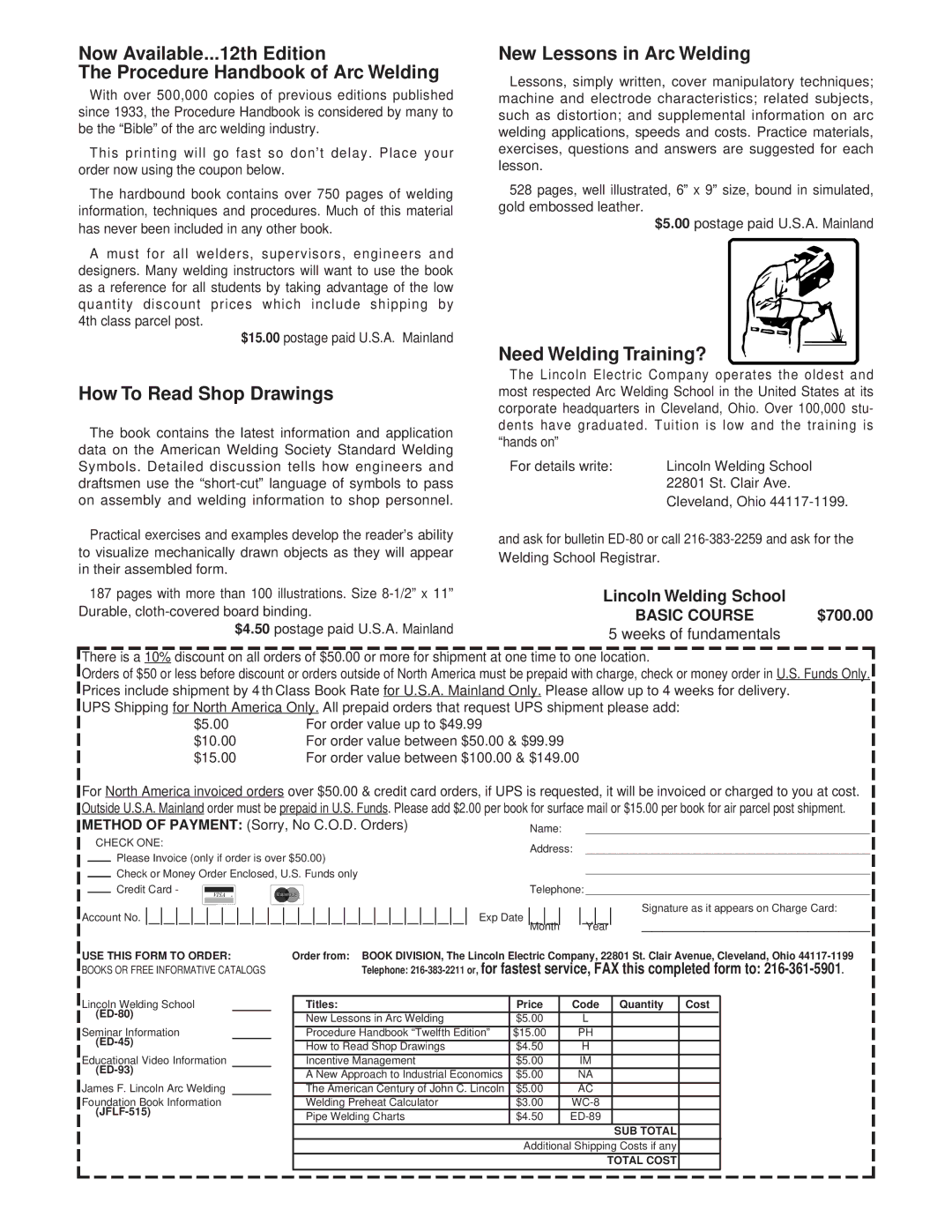 Lincoln Electric PRO 100 manual How To Read Shop Drawings, New Lessons in Arc Welding, Need Welding Training?, $700.00 