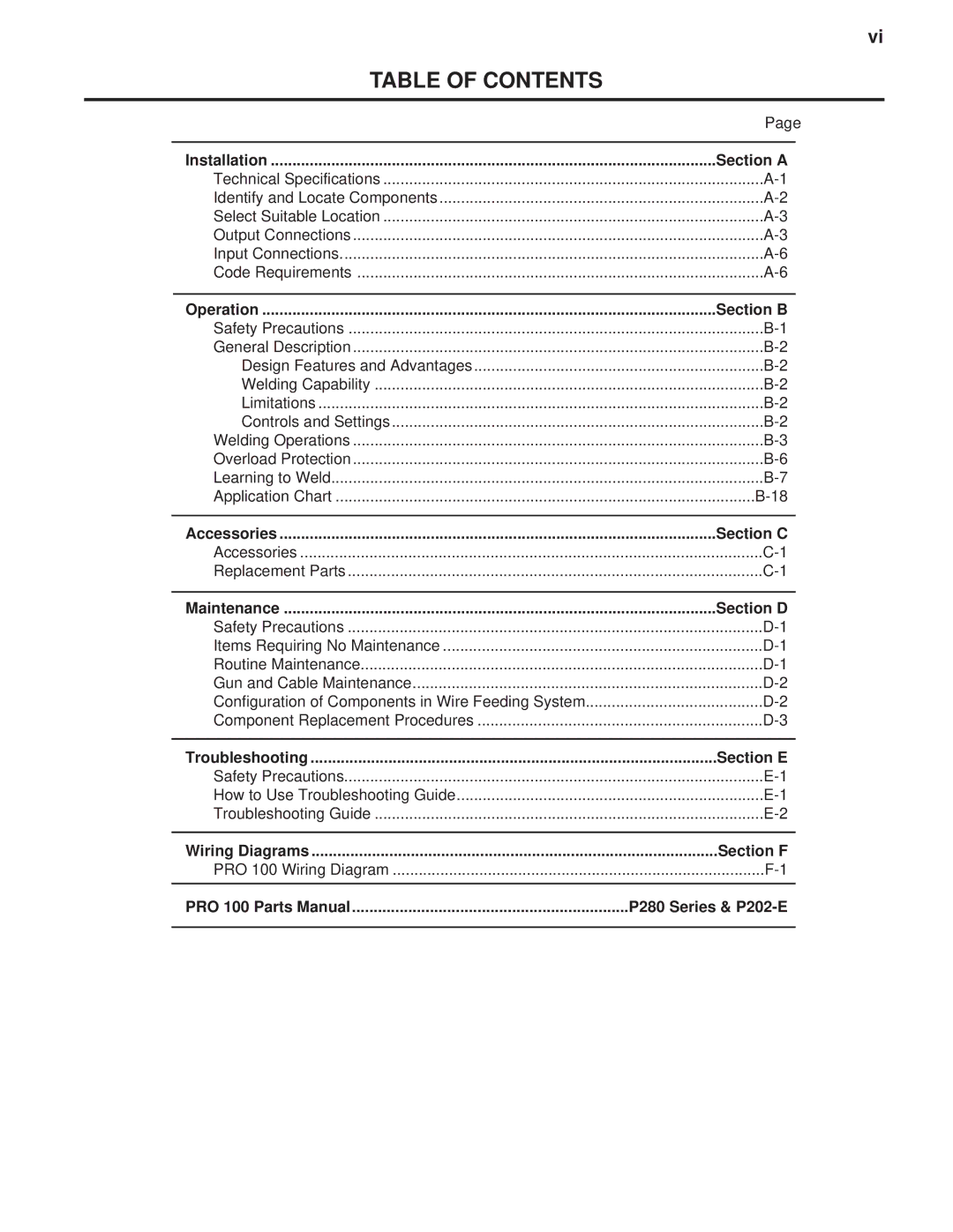 Lincoln Electric PRO 100 manual Table of Contents 