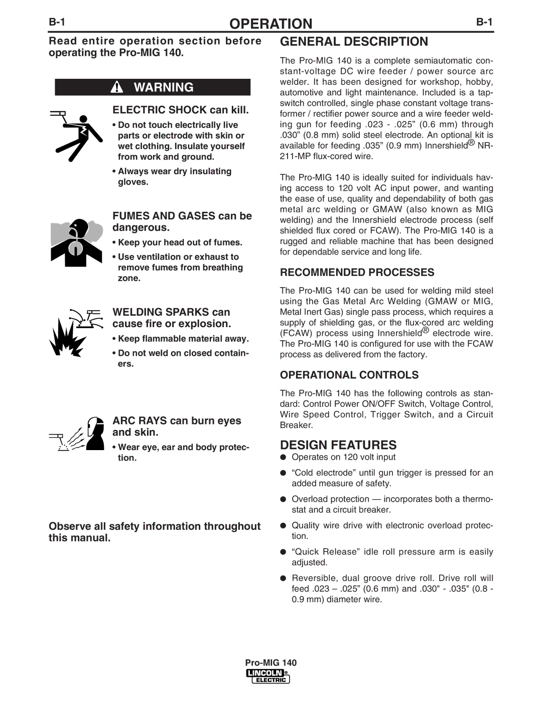 Lincoln Electric Pro-MIG 140 manual General Description, Design Features, Recommended Processes, Operational Controls 