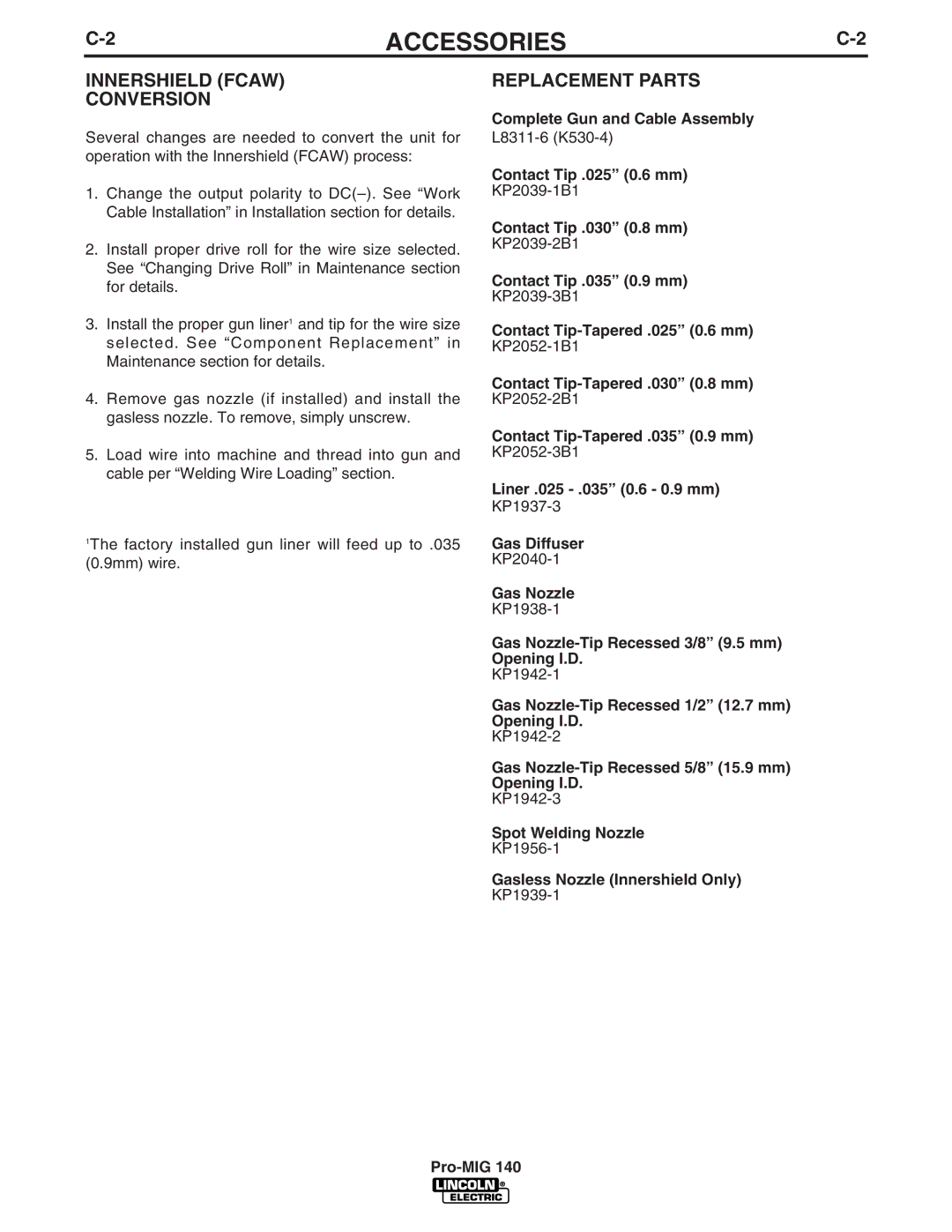 Lincoln Electric Pro-MIG 140 manual Innershield Fcaw Conversion, Replacement Parts 