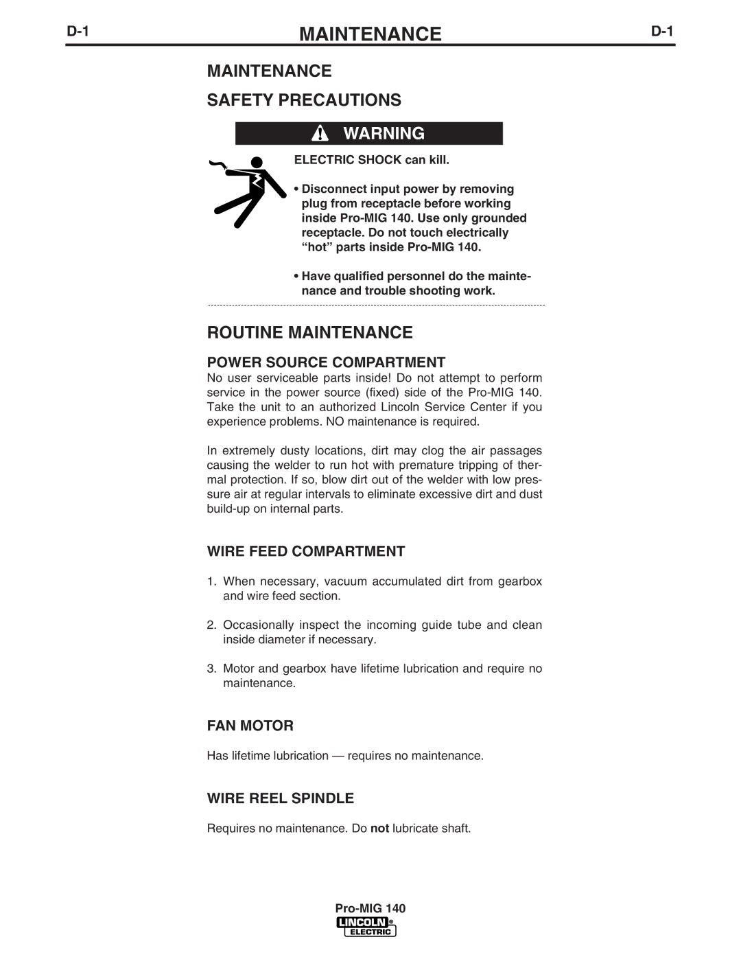 Lincoln Electric Pro-MIG 140 manual Maintenance Safety Precautions, Routine Maintenance 