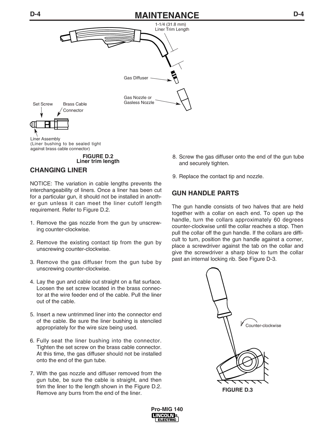 Lincoln Electric Pro-MIG 140 manual Changing Liner, GUN Handle Parts, Liner trim length 