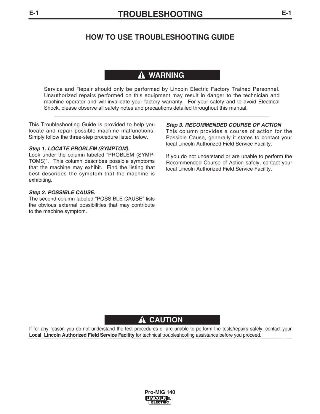 Lincoln Electric Pro-MIG 140 manual HOW to USE Troubleshooting Guide 