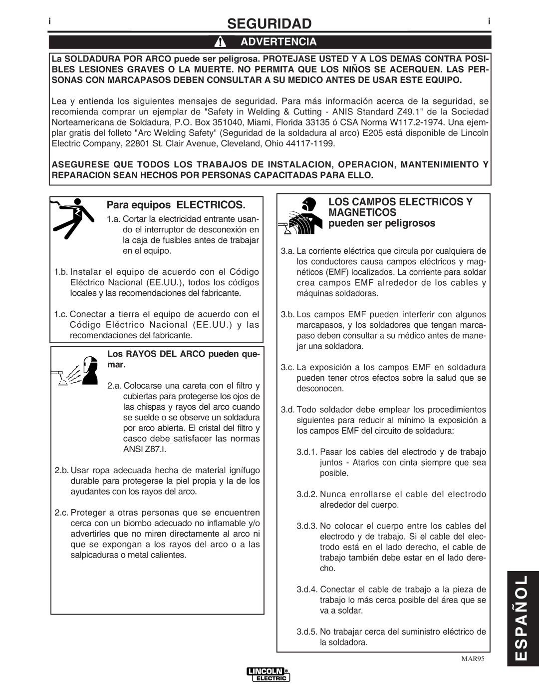 Lincoln Electric Pro-MIG 140 manual Seguridad, Advertencia, Para equipos Electricos, LOS Campos Electricos Y Magneticos 