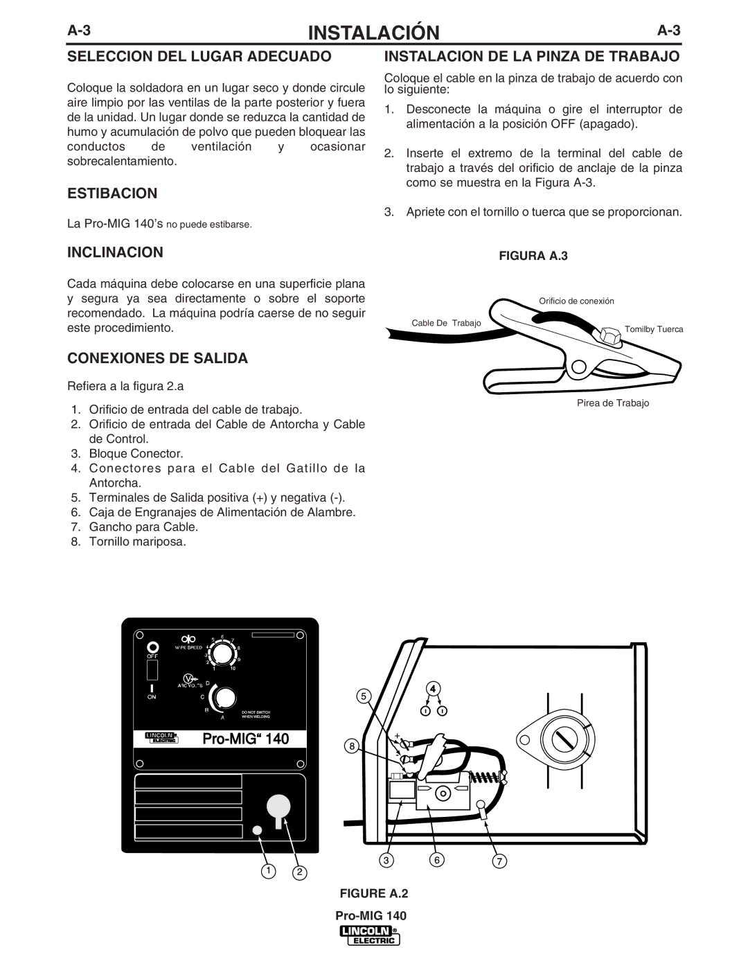 Lincoln Electric Pro-MIG 140 Seleccion DEL Lugar Adecuado, Estibacion, Inclinacion, Instalacion DE LA Pinza DE Trabajo 