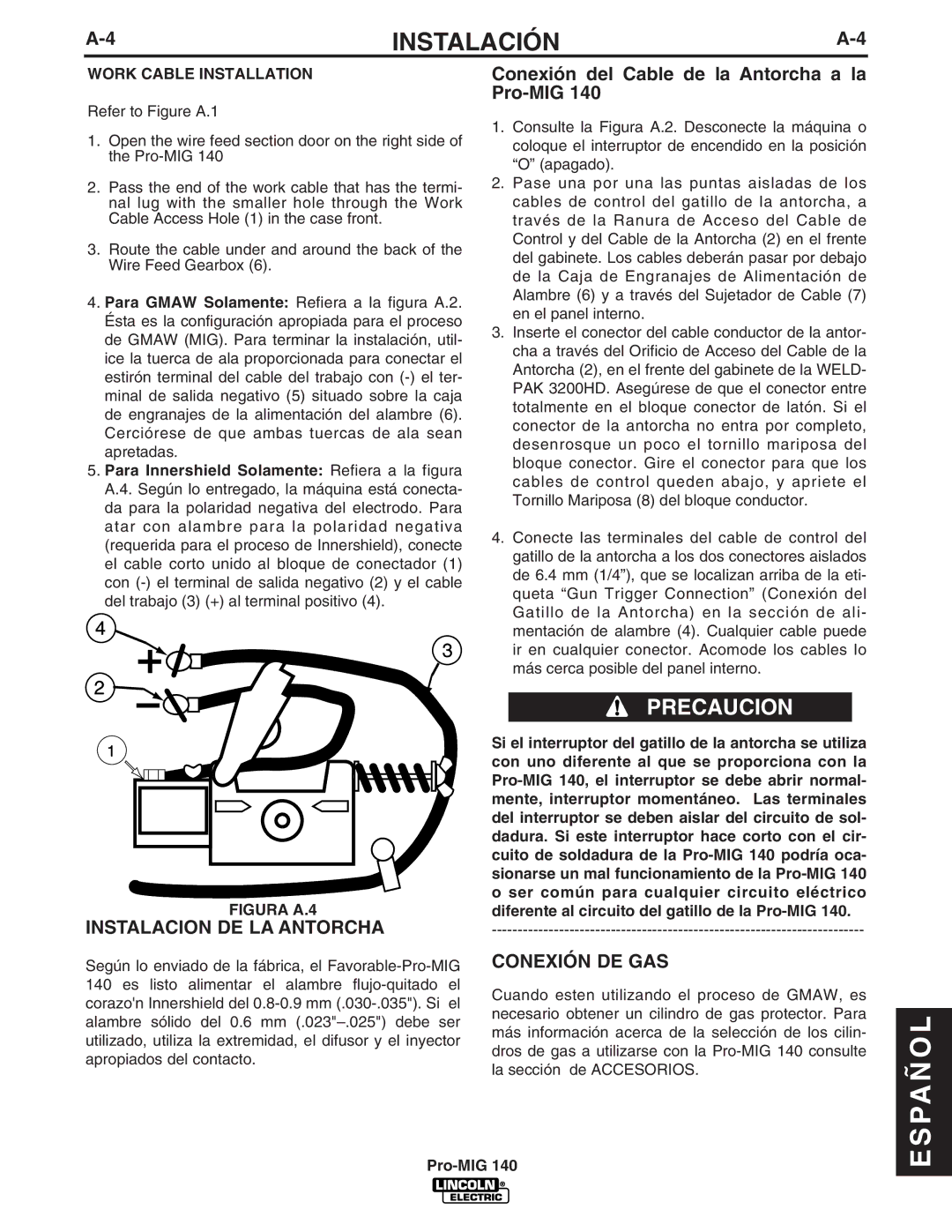 Lincoln Electric Pro-MIG 140 manual Conexión del Cable de la Antorcha a la, Instalacion DE LA Antorcha, Conexión DE GAS 