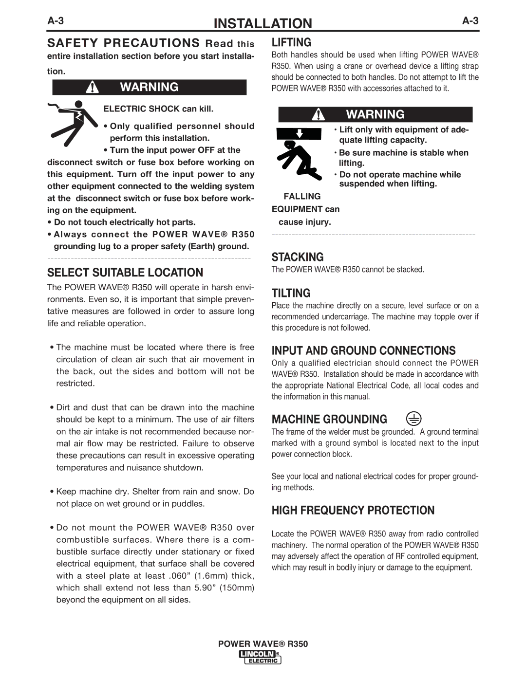 Lincoln Electric R350 manual Falling, Equipment can Cause injury 