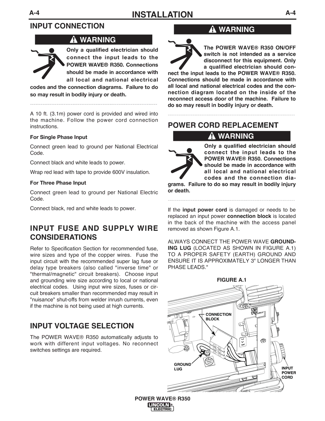 Lincoln Electric R350 manual Input Connection, Input Fuse and Supply Wire Considerations, Input Voltage Selection 