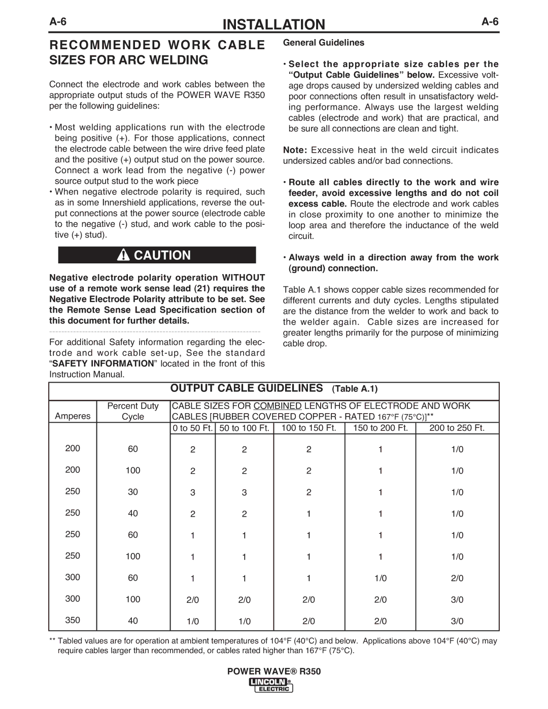 Lincoln Electric R350 manual Recommended Work Cable Sizes for ARC Welding, Output Cable Guidelines Table A.1 