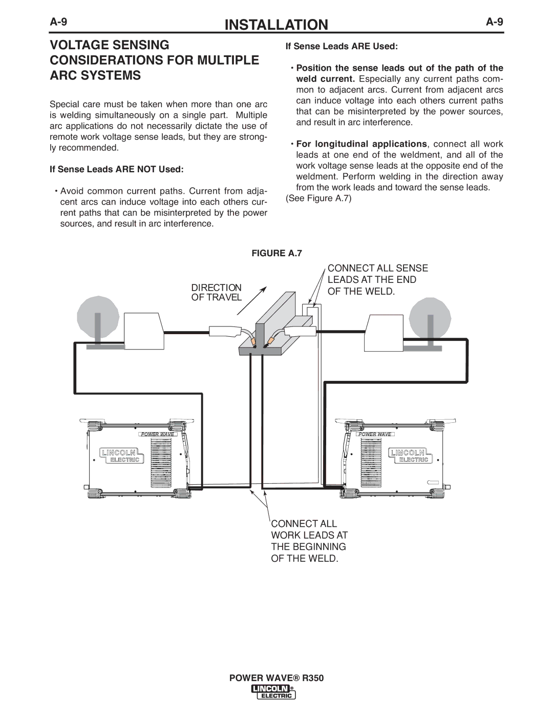 Lincoln Electric R350 manual Voltage Sensing Considerations for Multiple ARC Systems, If Sense Leads are not Used 