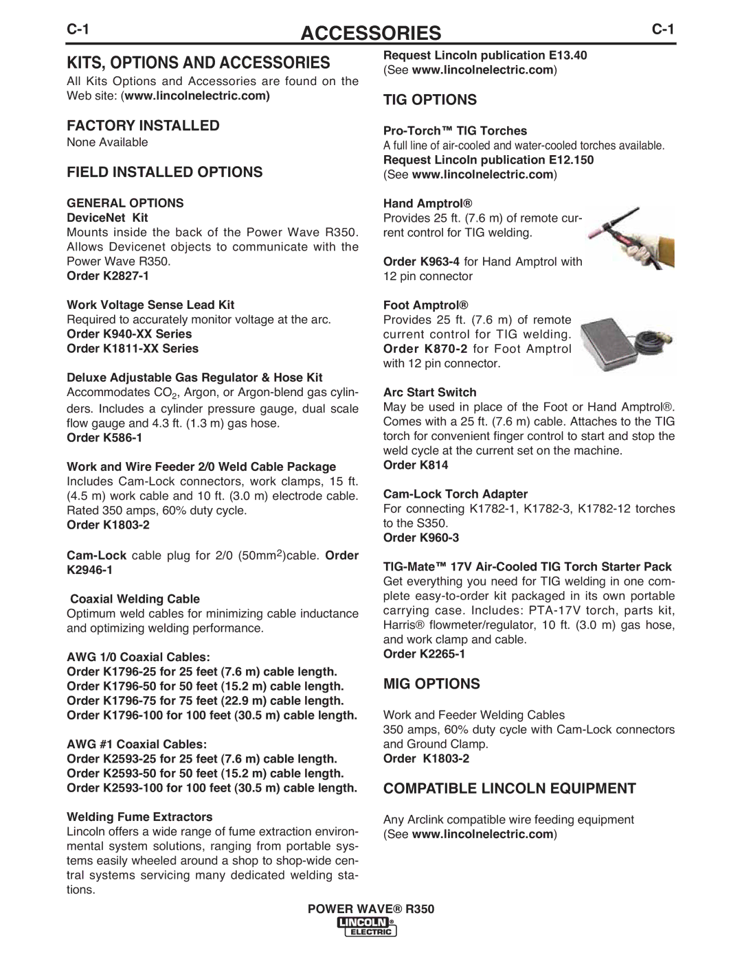 Lincoln Electric R350 manual KITS, Options and Accessories, General Options 