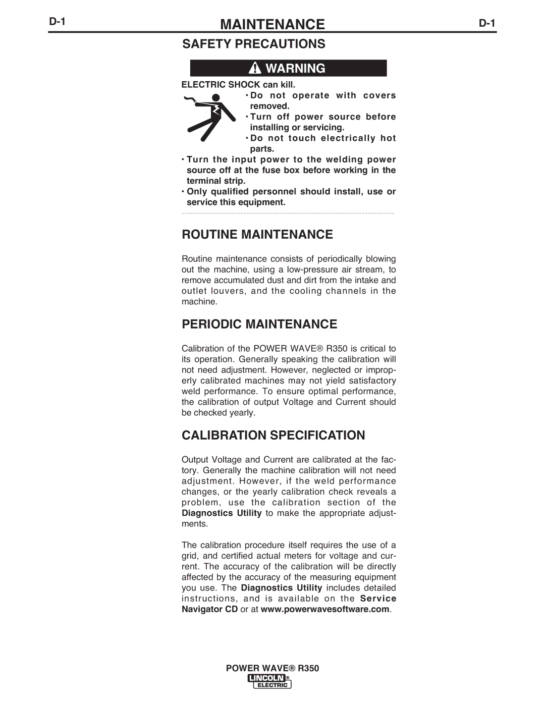 Lincoln Electric R350 manual Routine Maintenance, Periodic Maintenance, Calibration Specification 