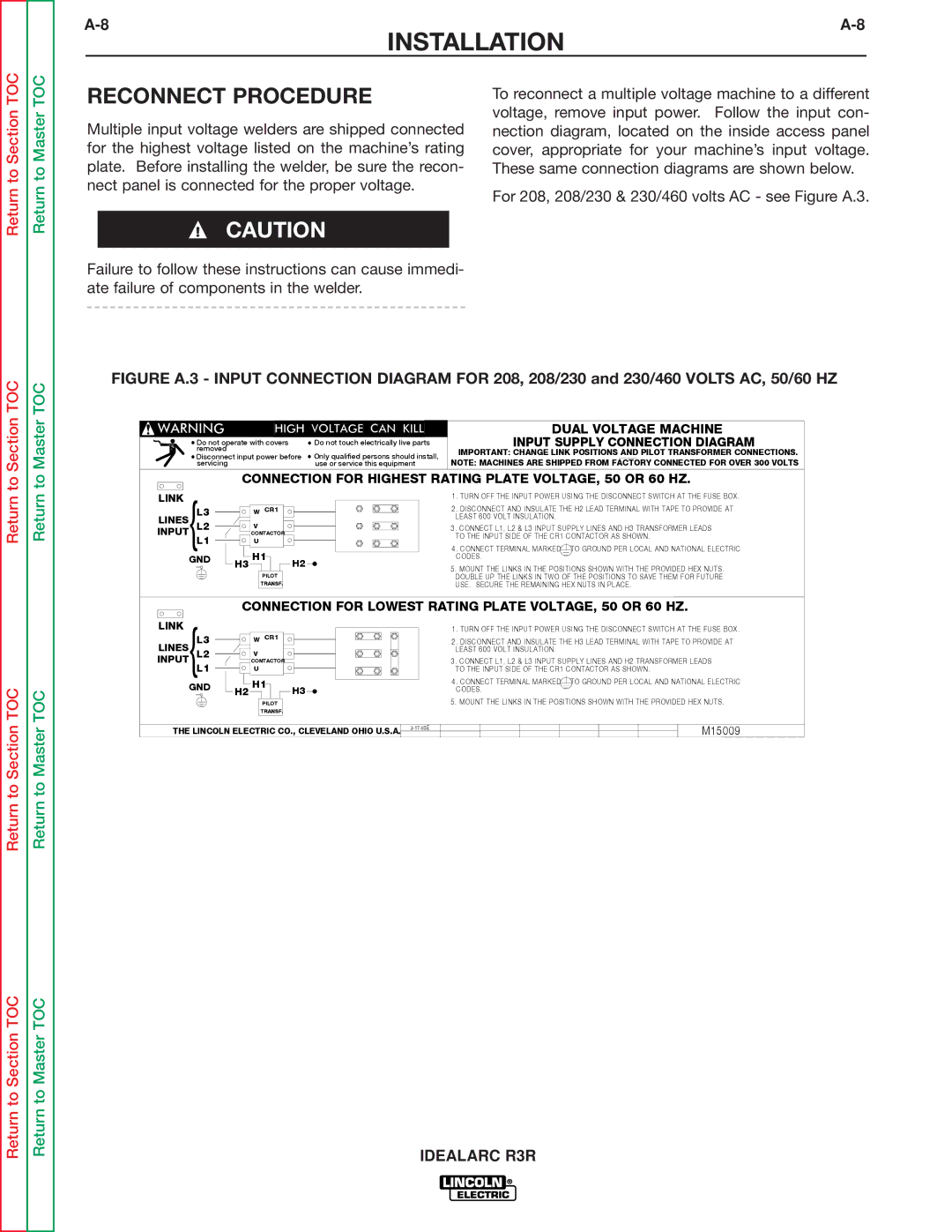 Lincoln Electric R3R-300, R3R-500 service manual Reconnect Procedure, Input Supply Connection Diagram 