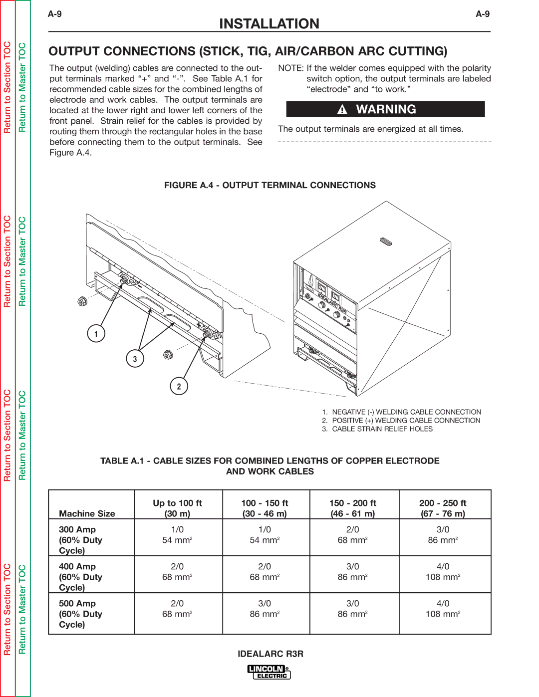 Lincoln Electric R3R-500, R3R-300 service manual Output Connections STICK, TIG, AIR/CARBON ARC Cutting, Return to Section 