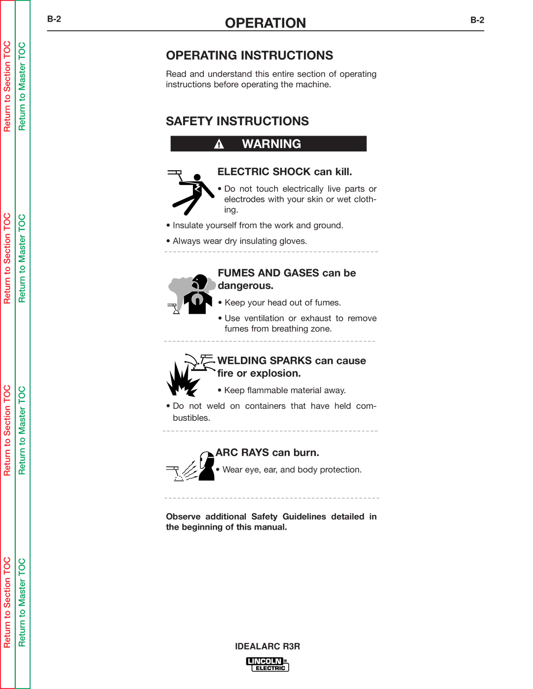 Lincoln Electric R3R-300, R3R-500 service manual OPERATIONB-2, Operating Instructions, Safety Instructions 