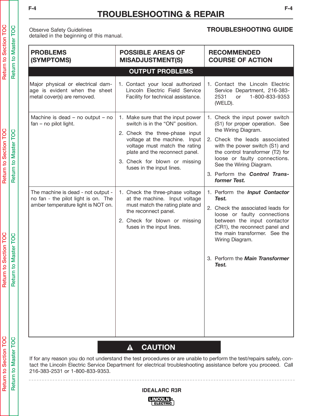 Lincoln Electric R3R-300, R3R-500 service manual Troubleshooting Guide, Output Problems 