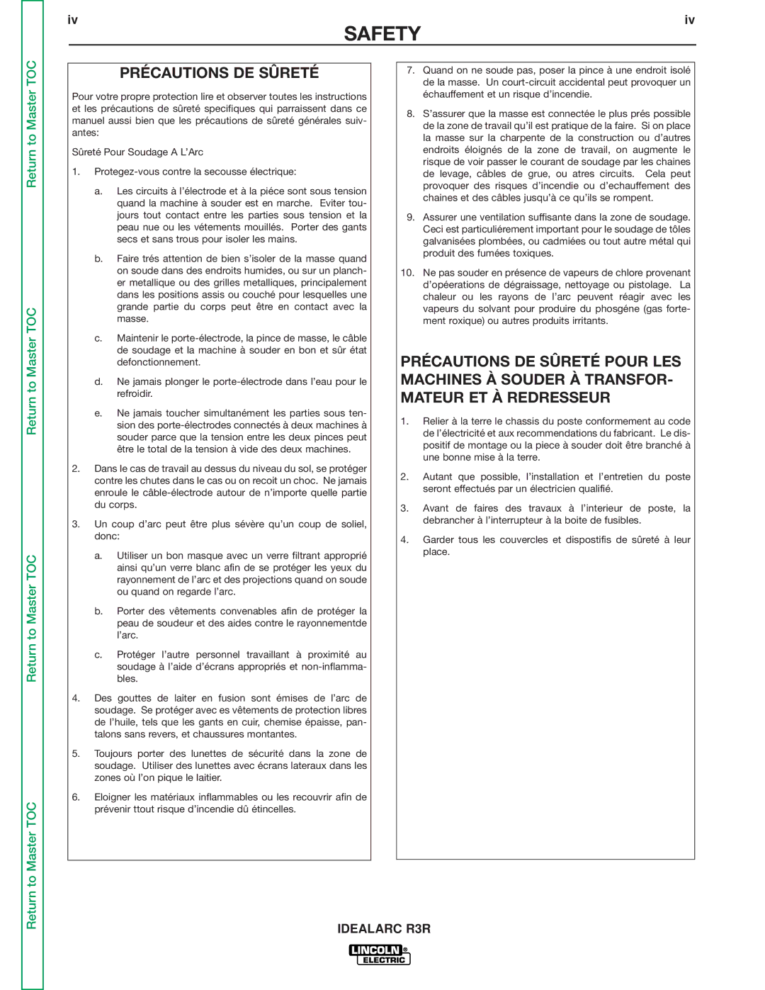 Lincoln Electric R3R-500, R3R-300 service manual Précautions DE Sûreté 