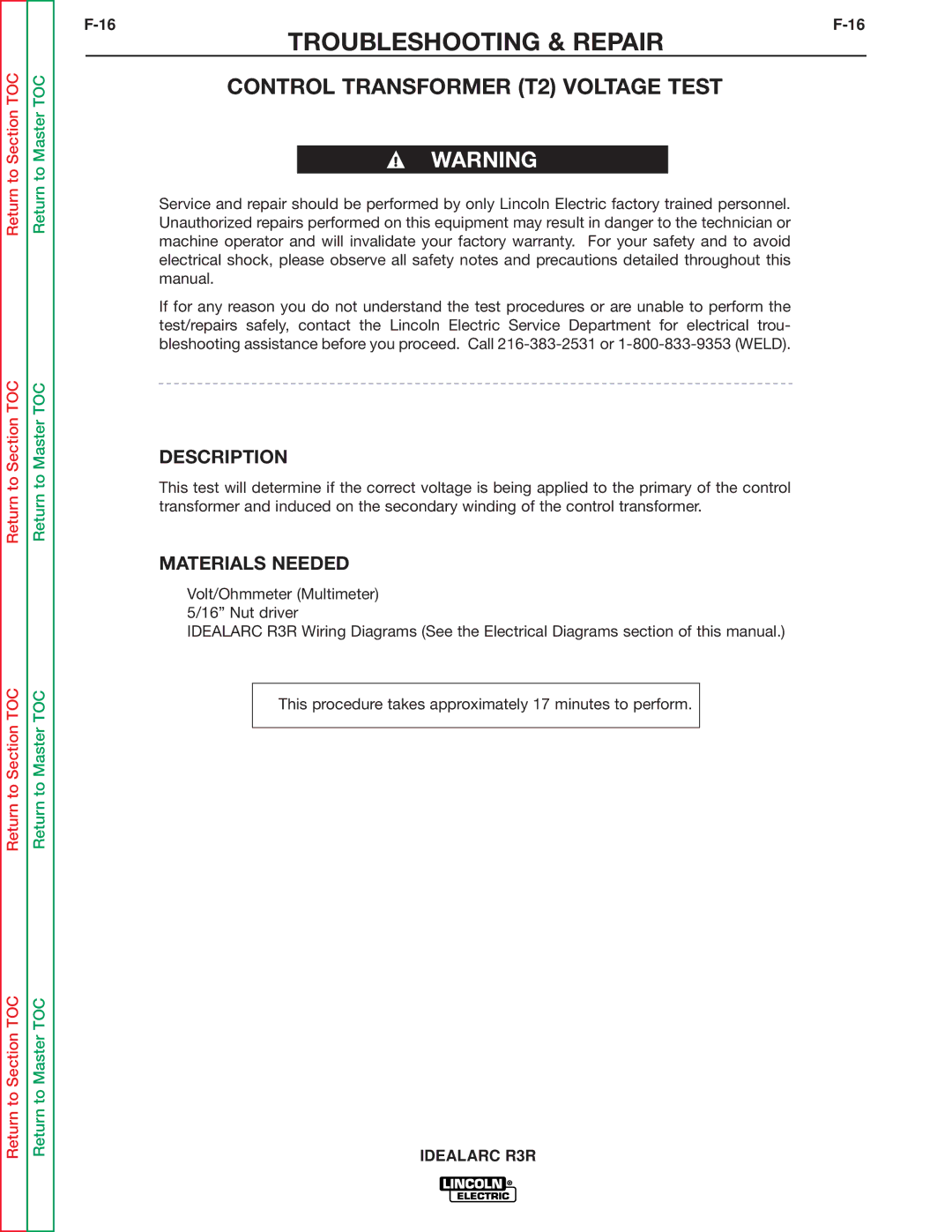 Lincoln Electric R3R-300, R3R-500 service manual Control Transformer T2 Voltage Test, Description 