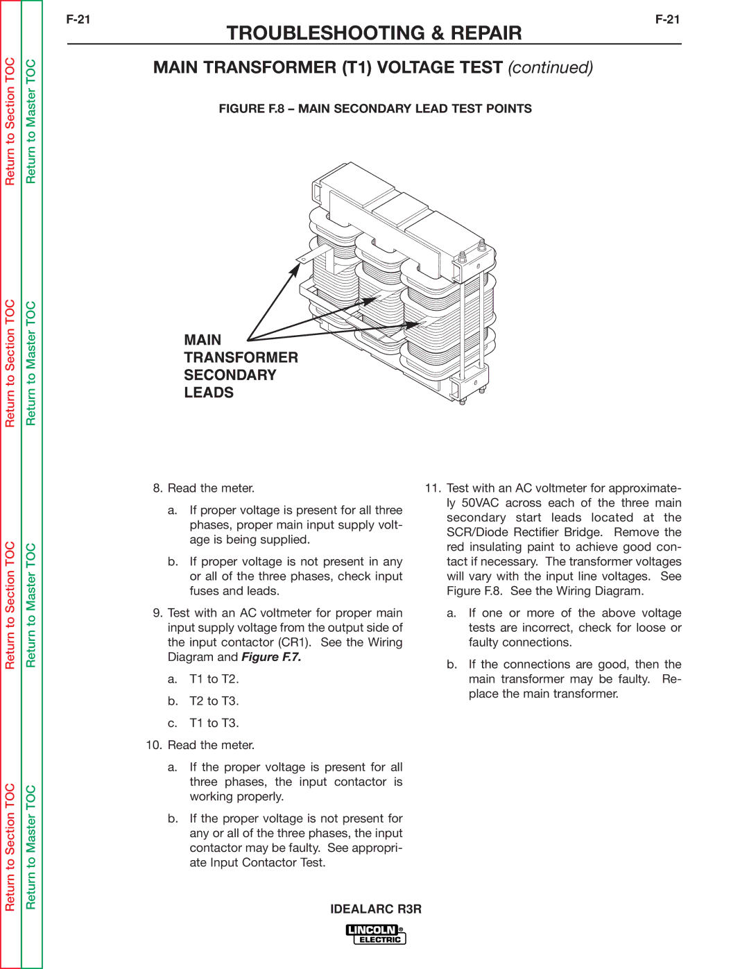 Lincoln Electric R3R-500, R3R-300 service manual Figure F.8 Main Secondary Lead Test Points 