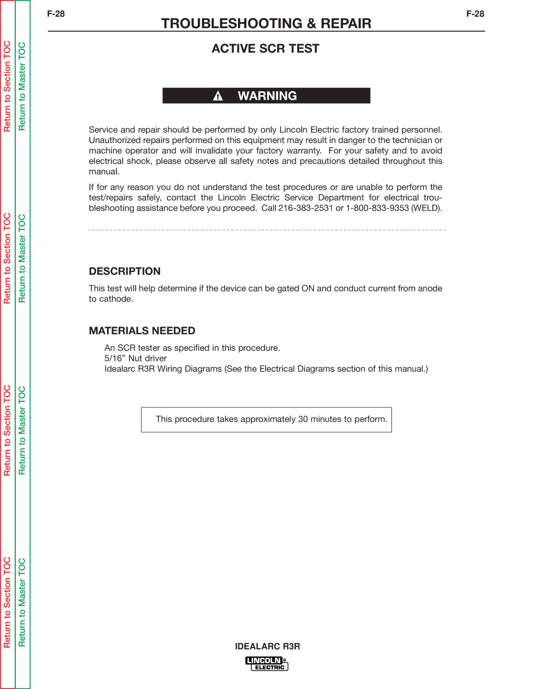 Lincoln Electric R3R-300, R3R-500 service manual Active SCR Test, Description 